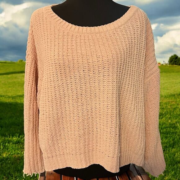 Double Zero Chunky Frayed Cropped Oversized‎ Sweater Size Medium Blush Pink - Picture 1 of 8
